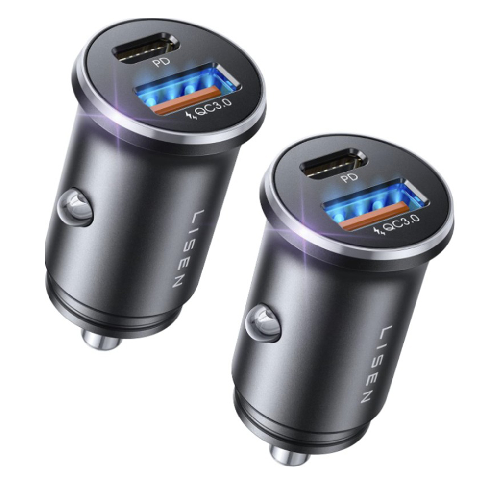Зарядно за кола, USB, USB, USB-C, PD36W, QC3.0 (комплект 2 бр.) - Lisen (YL0223080037) - Черно