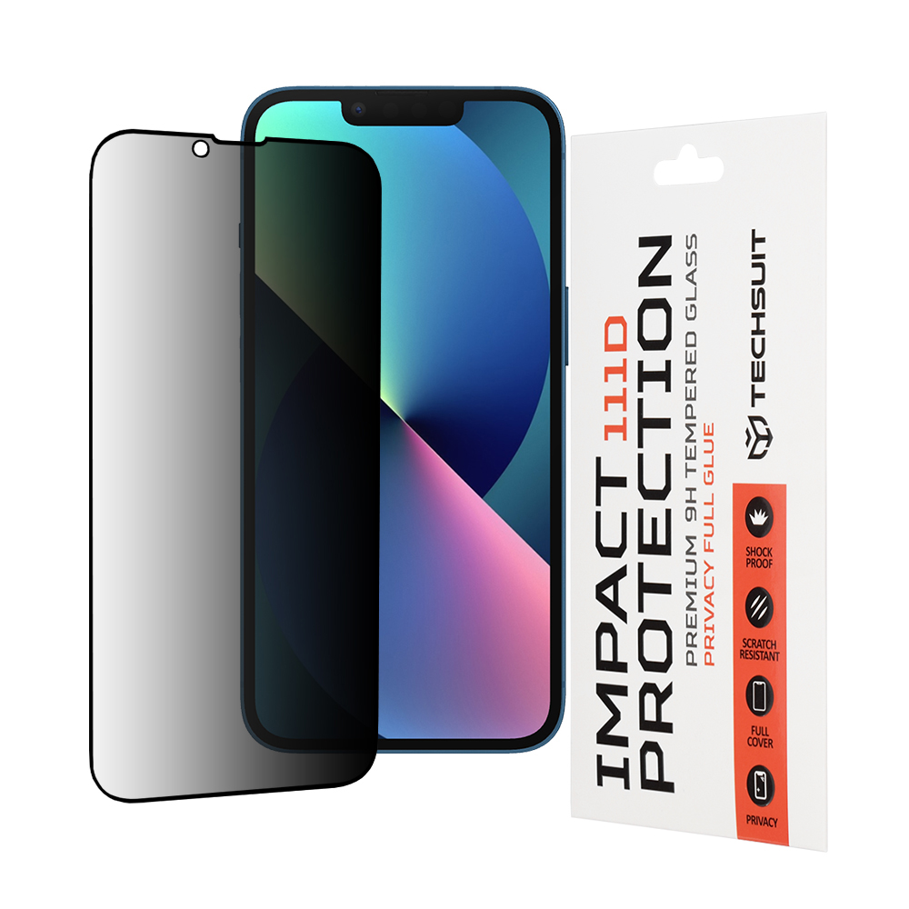 Калъф за iPhone 13 / iPhone 13 Pro / iPhone 14 / iPhone 16e / iPhone 17e - Techsuit 111D Privacy Full Glue - Черен