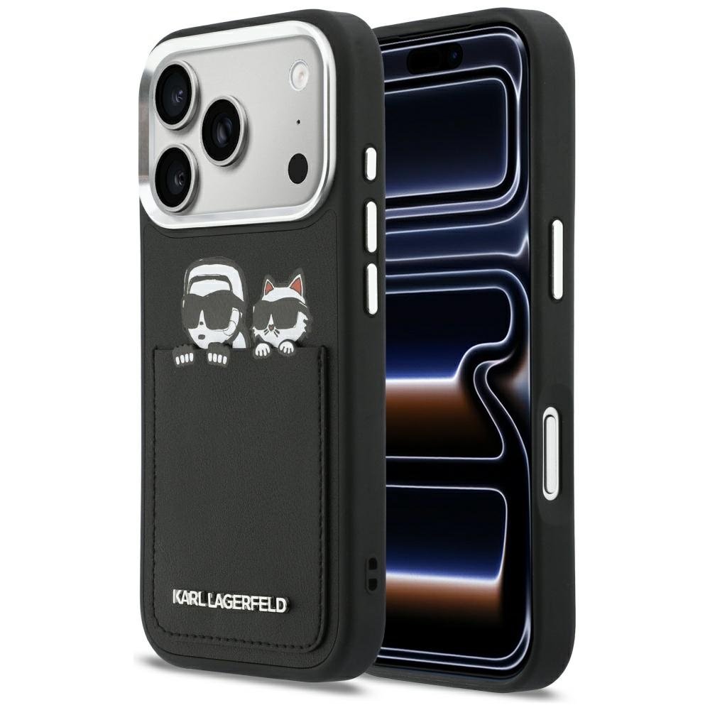 Калъф за IPhone 17 Pro Max - Karl Lagerfeld Hardcase Leather K&C Print & Pocket (KLHCHCP17X6PCSPKCKCK) - Черен
