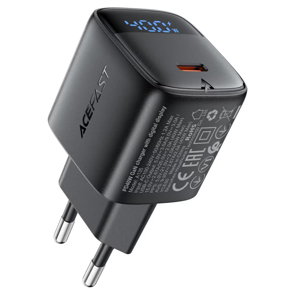 Зарядно за контакт, 1xUSB-C, GaN, 45W, LED - Acefast (A135) - Черно
