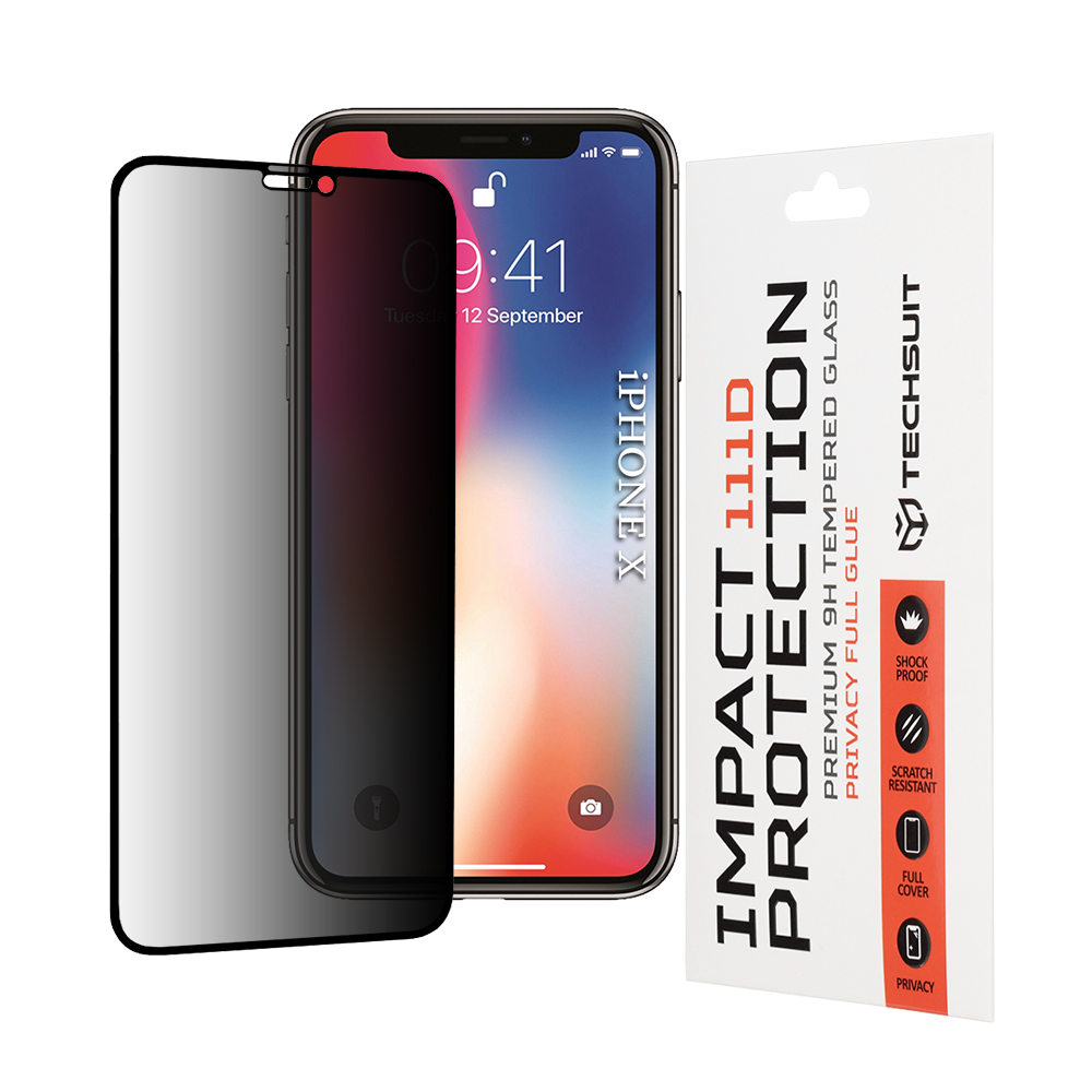Калъф за iPhone X / iPhone XS / iPhone 11 Pro - Techsuit 111D Privacy Full Glue - Черен