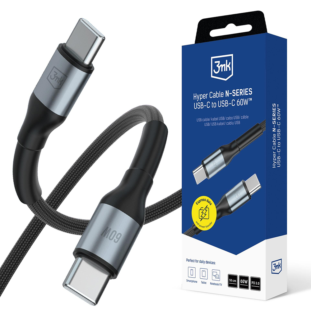 Кабел за бързо зареждане, USB-C, 60W, 50cm - 3mk Hyper N-Series - Черен