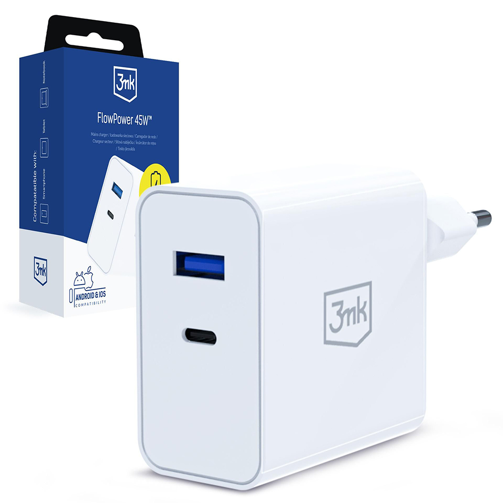 GaN зарядно за контакт, USB, Type-C 45W, PD 3.0, QC4 - 3mk - Бял
