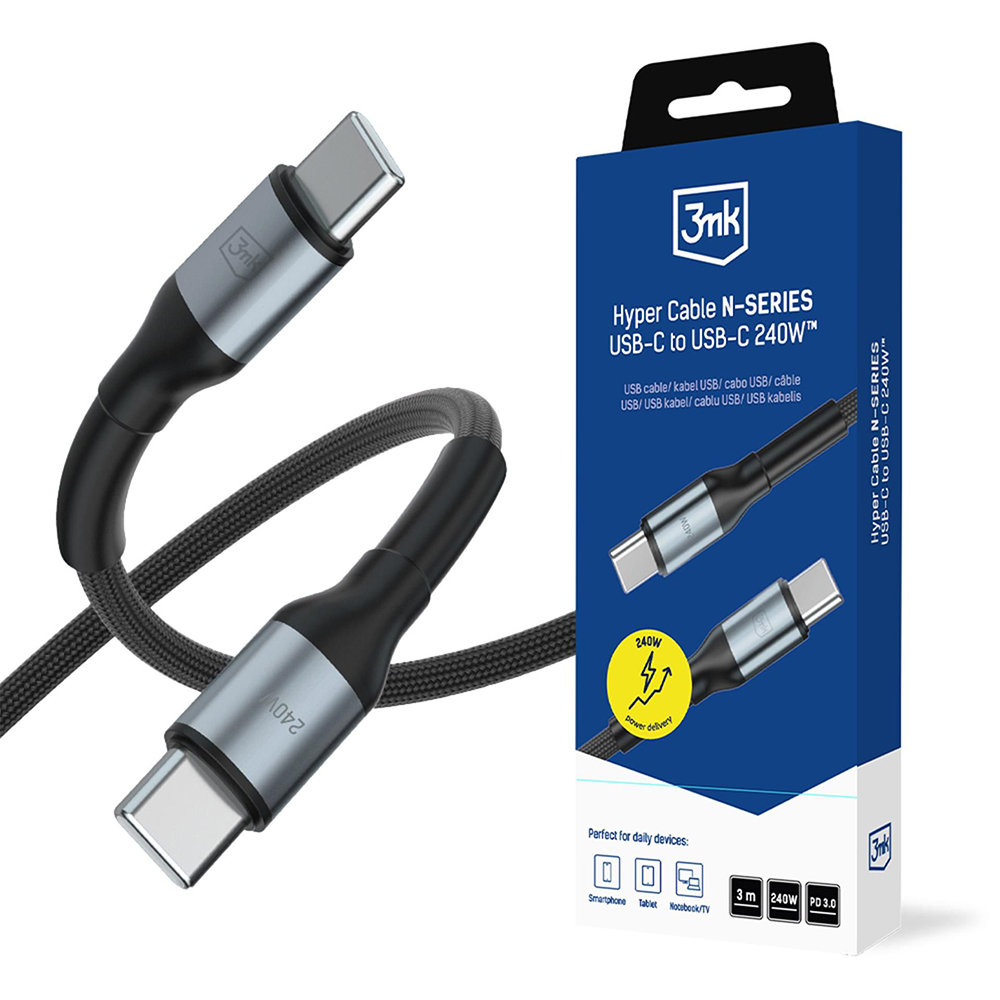 Свръхбърз захранващ кабел, USB-C, 240W, 3м - 3mk Hyper N-Series - Черен