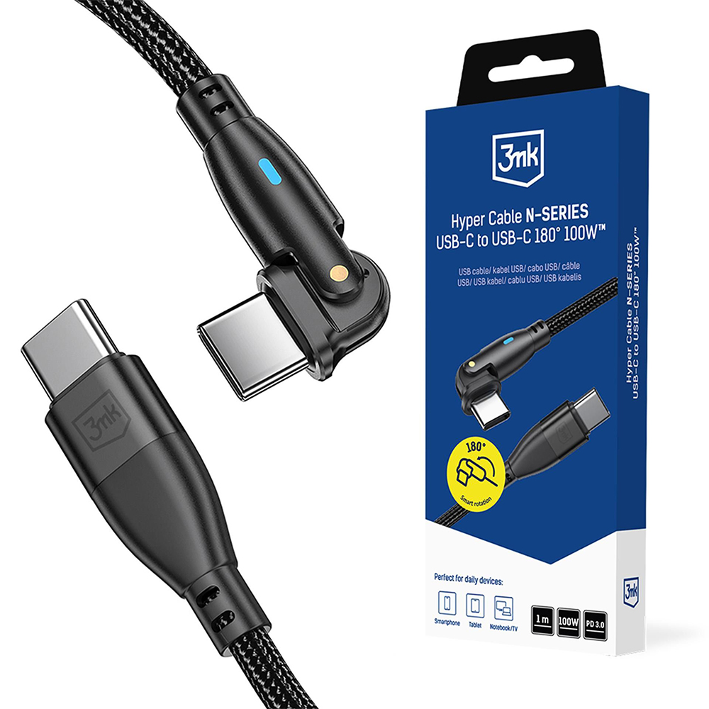 Свръхбърз захранващ кабел, USB-C, 100W, 20V/5A, 1м - 3mk Hyper N-Series - Черен