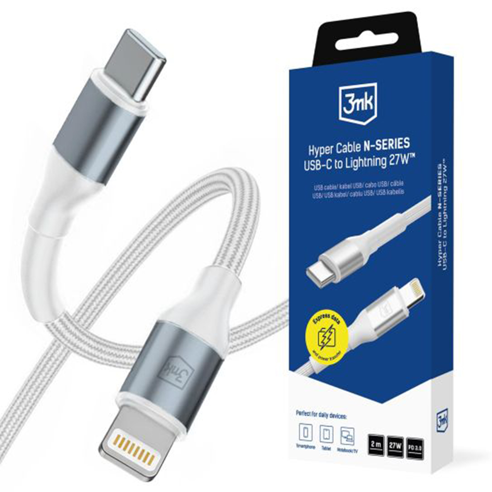 Захранващ кабел, USB-C, Lightning, 27W, 2м - 3mk Hyper N-Series - Бял