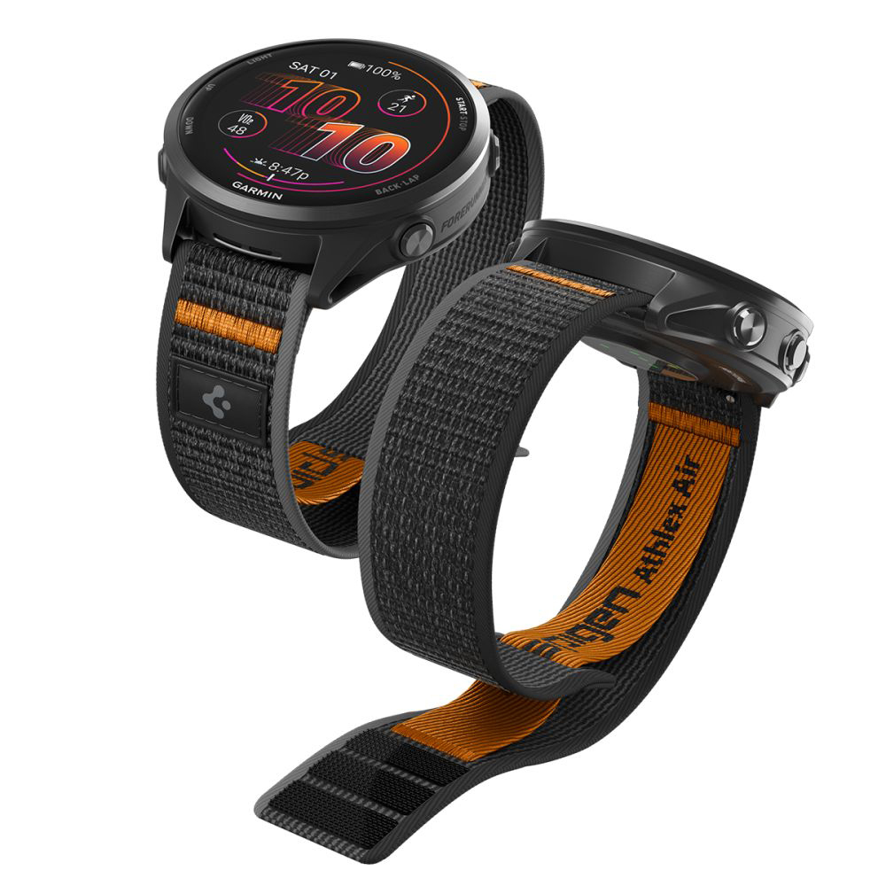 Каишка за Garmin Venu 2/3/4 (45mm)/Forerunner 255/Music/265 - Spigen Athlex Air Quick Release 22mm (AMP11425) - Активно черен/оранжев