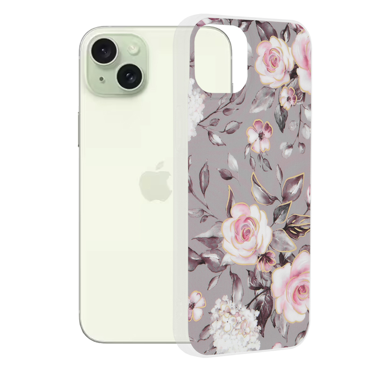Калъф за iPhone 15 Plus - Techsuit Marble Series - Bloom of Ruth Сив