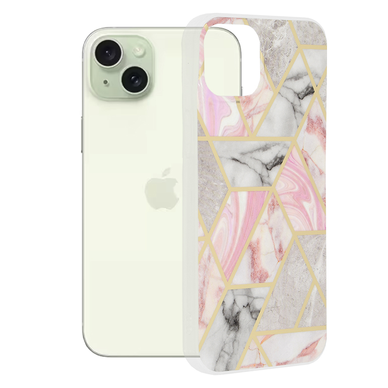 Калъф за iPhone 15 Plus - Techsuit Marble Series - Розов Hex