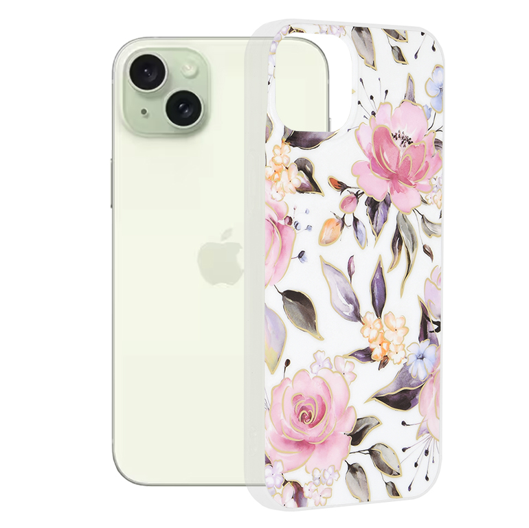 Калъф за iPhone 15 Plus - Techsuit Marble Series - Chloe Бял