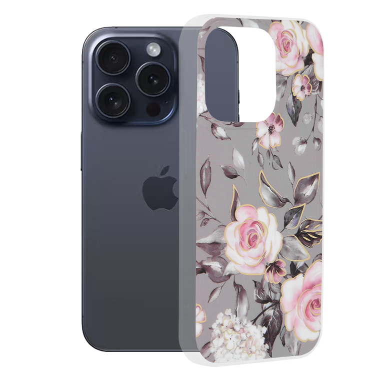Калъф за iPhone 15 Pro - Techsuit Marble Series - Bloom of Ruth Сив