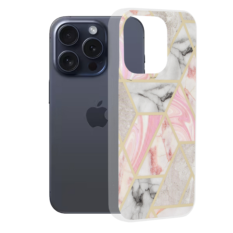 Калъф за iPhone 15 Pro - Techsuit Marble Series - Розов Hex