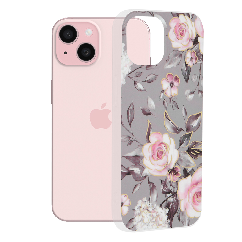 Калъф за iPhone 15 - Techsuit Marble Series - Bloom of Ruth Сив