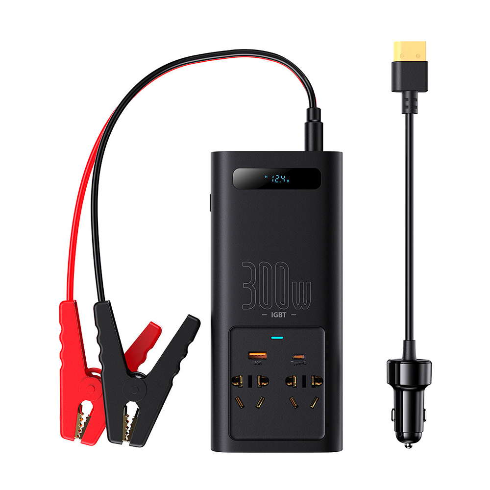 Инвертор за USB машина, Type-C, CN/EU, 220V, 300W + скоби и кабел 12V - Baseus (CGNB01010101) - Черен
