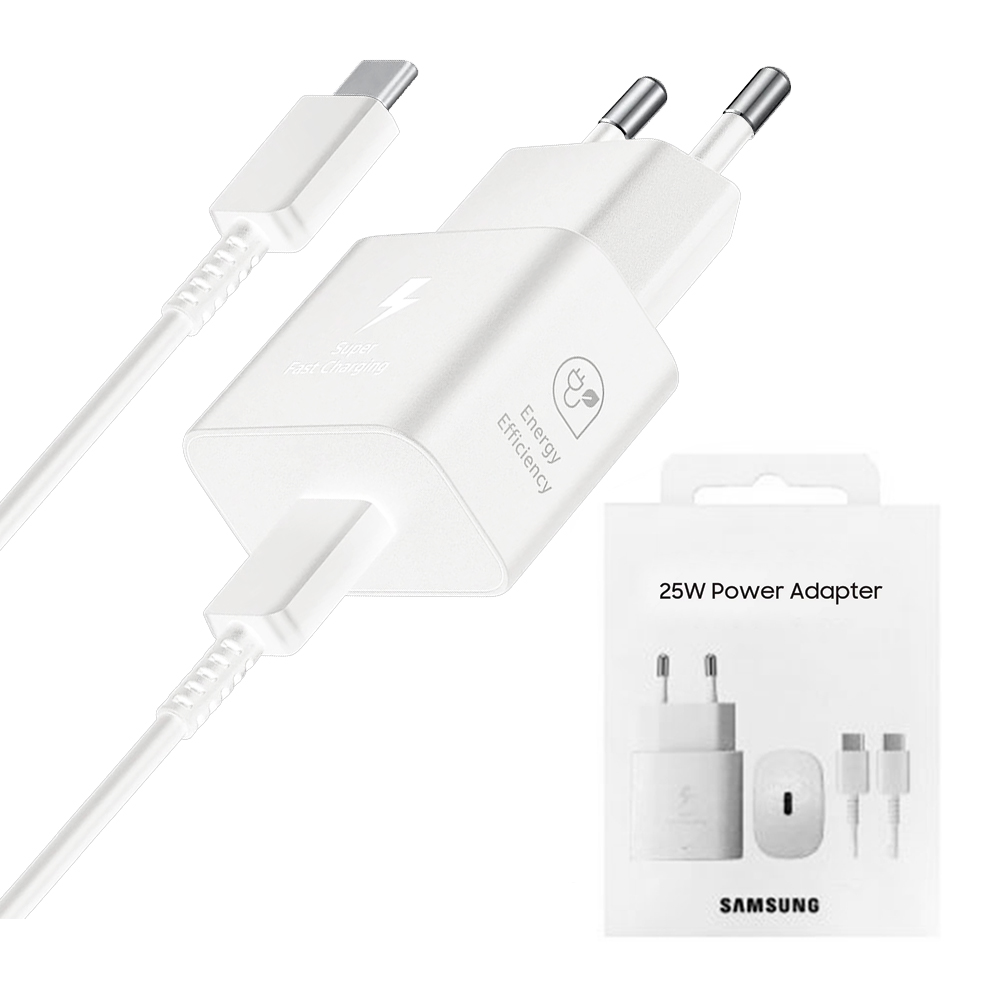 Зарядно USB-C, 25W + Type-C кабел - Samsung (EP-T2510XWEGEU) - Бяло (Опаковка на блистер)