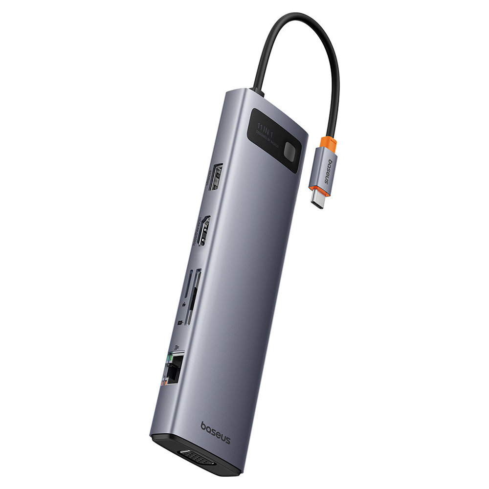 Хъб Type-C към HDMI 4K, VGA, 4xUSB, Type-C, RJ45, SD, TF, Jack 3.5mm - Baseus Metal Gleam (B00030709811-00) - Космически сив